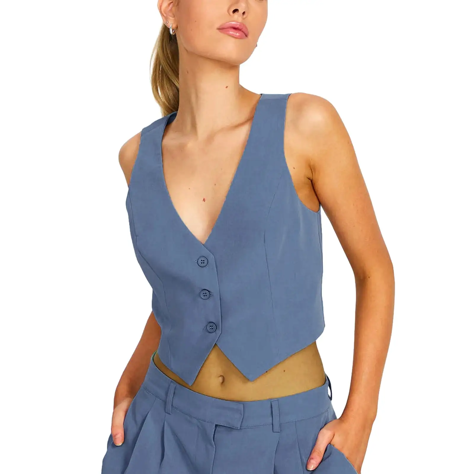 Women Vest Sleeveless V Neck Button Vest Solid Color Outwear Gilet for Casual Daily