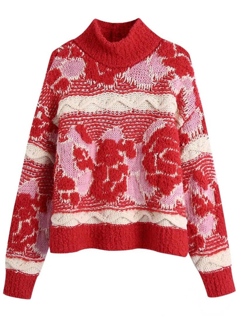 Women Winter Jacquard Knitted Short Red Sweater Pullover Loose Sweaters Jumper