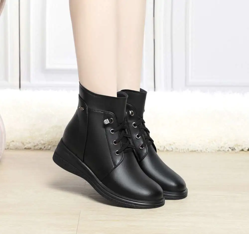 Women's Ankle Boots Lace-Up Warm Fluff Wedge Heel Booties