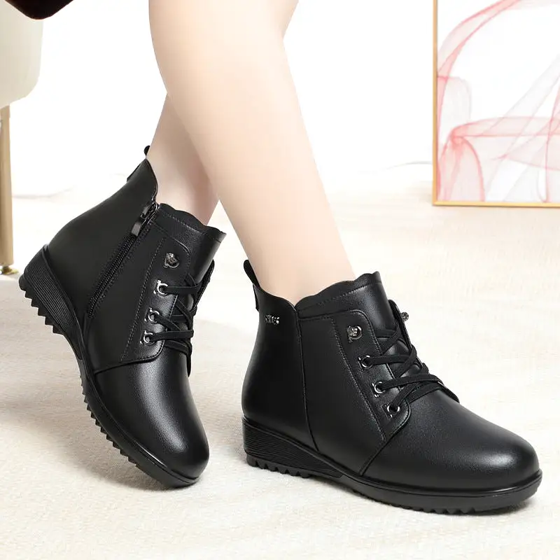 Women's Ankle Boots Warm Fluff Lace-Up Flats Booties