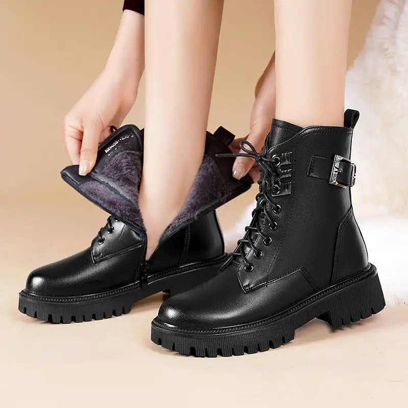 Women's Ankle Boots Warm Fluff Lace-Up Thick Sole Booties