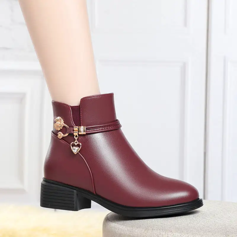 Women's Ankle Boots Zippers Warm Fluff Block Chunky Heel Booties