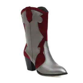 Women's Bicolor Patent Flock Patchwork Block Chunky Heel Mid Calf Boots