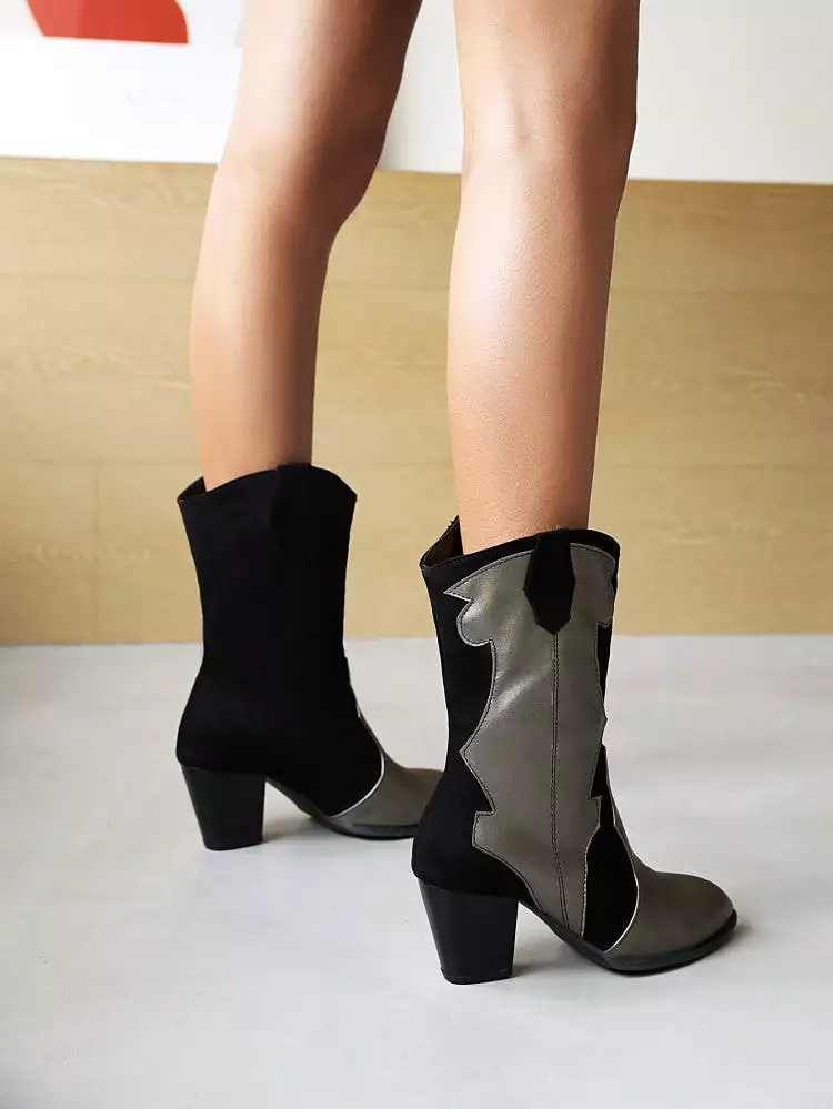 Women's Bicolor Patent Flock Patchwork Block Chunky Heel Mid Calf Boots