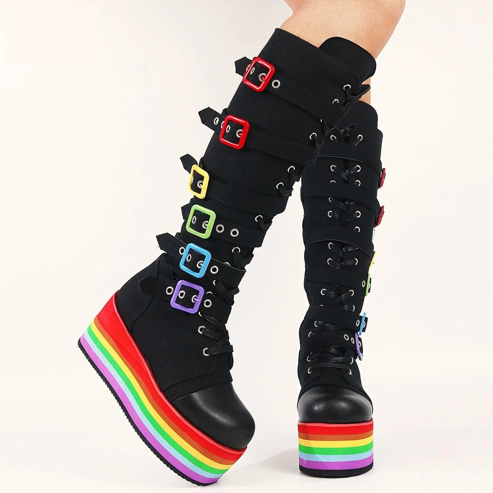 Women's Canvas Rainbow Color Buckle Lace Up Wedge Mid-Calf Boots