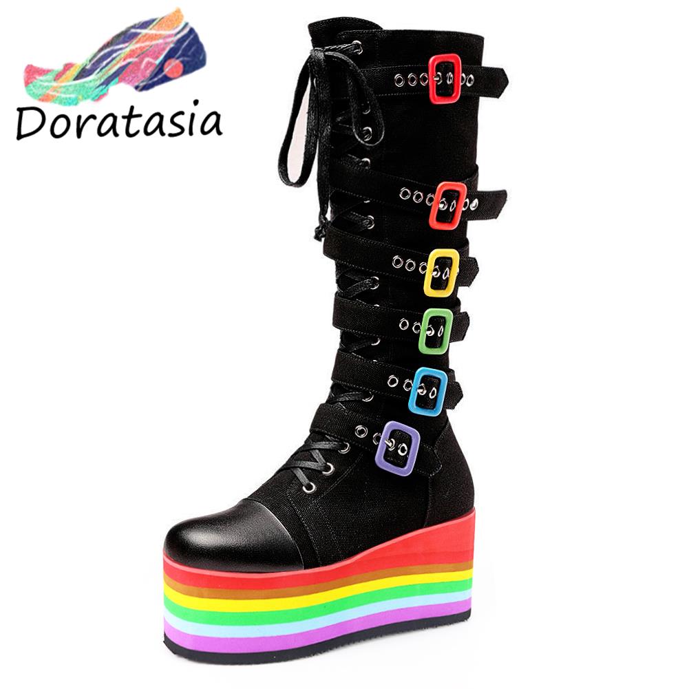 Women's Canvas Rainbow Color Buckle Lace Up Wedge Mid-Calf Boots