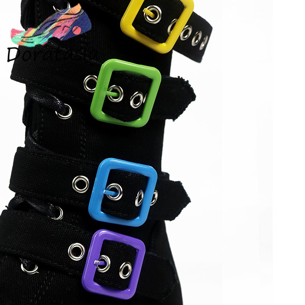 Women's Canvas Rainbow Color Buckle Lace Up Wedge Mid-Calf Boots