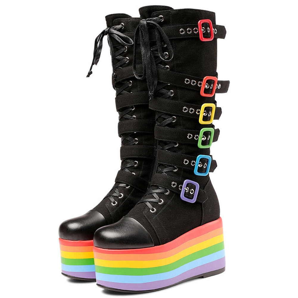 Women's Canvas Rainbow Color Buckle Lace Up Wedge Mid-Calf Boots