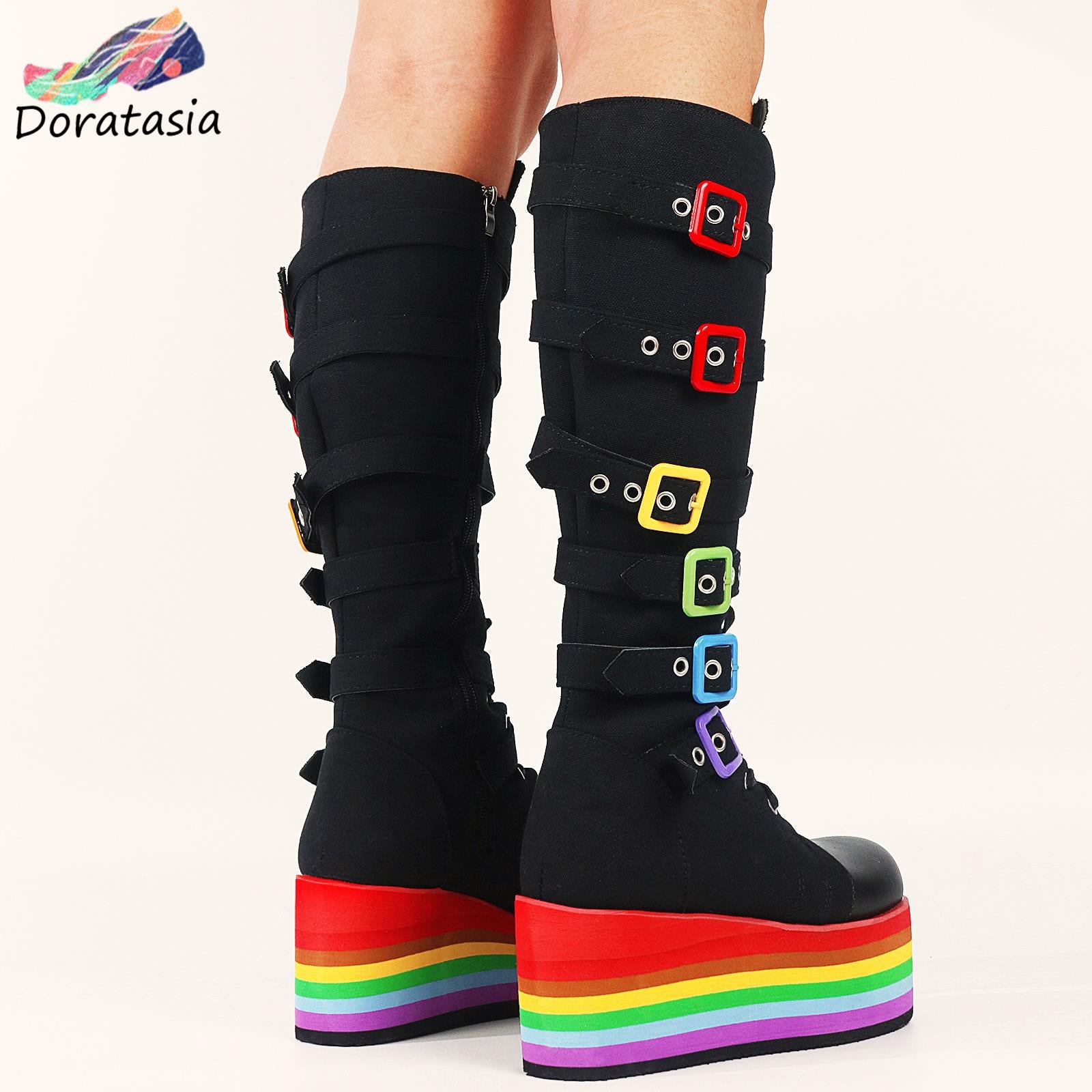 Women's Canvas Rainbow Color Buckle Lace Up Wedge Mid-Calf Boots