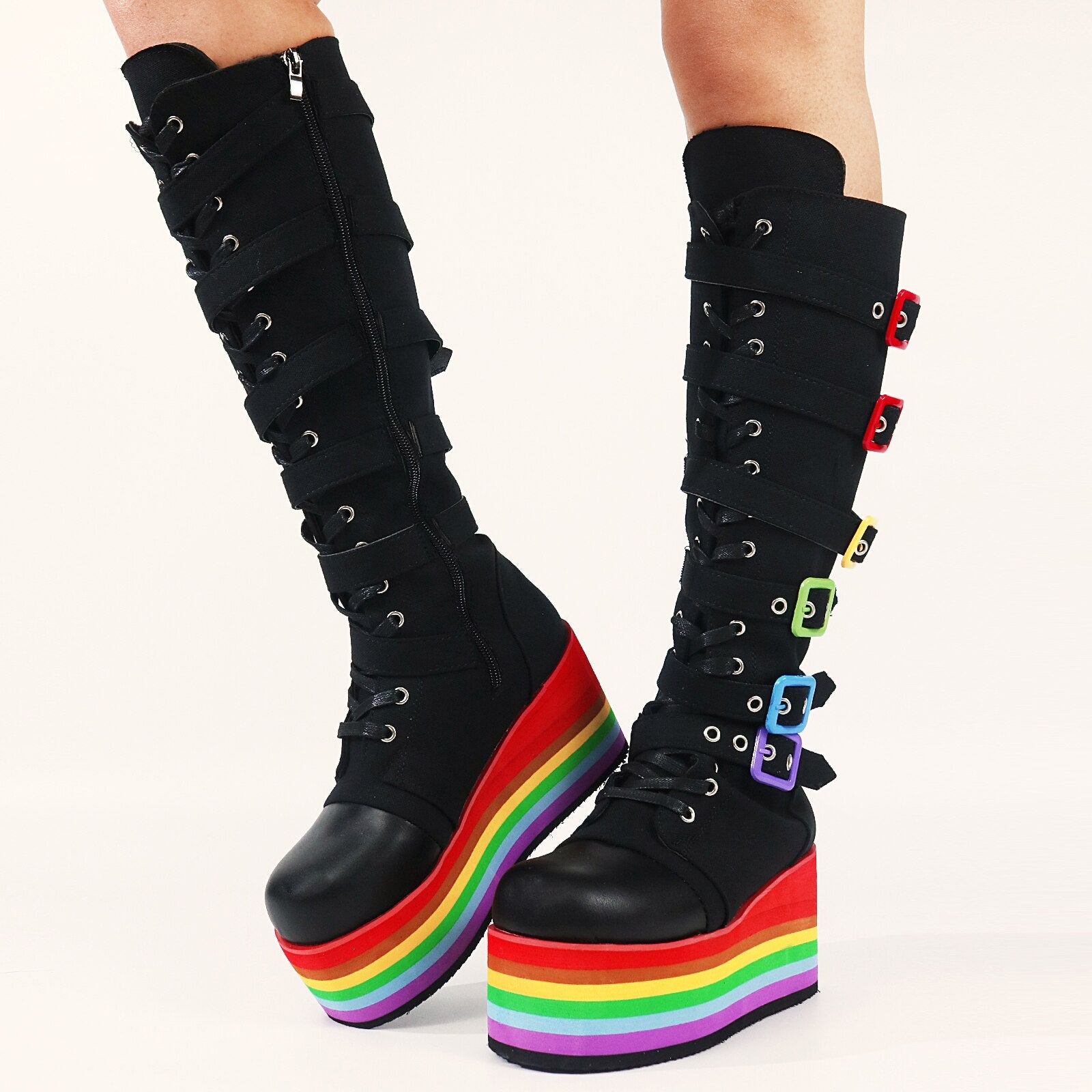 Women's Canvas Rainbow Color Buckle Lace Up Wedge Mid-Calf Boots