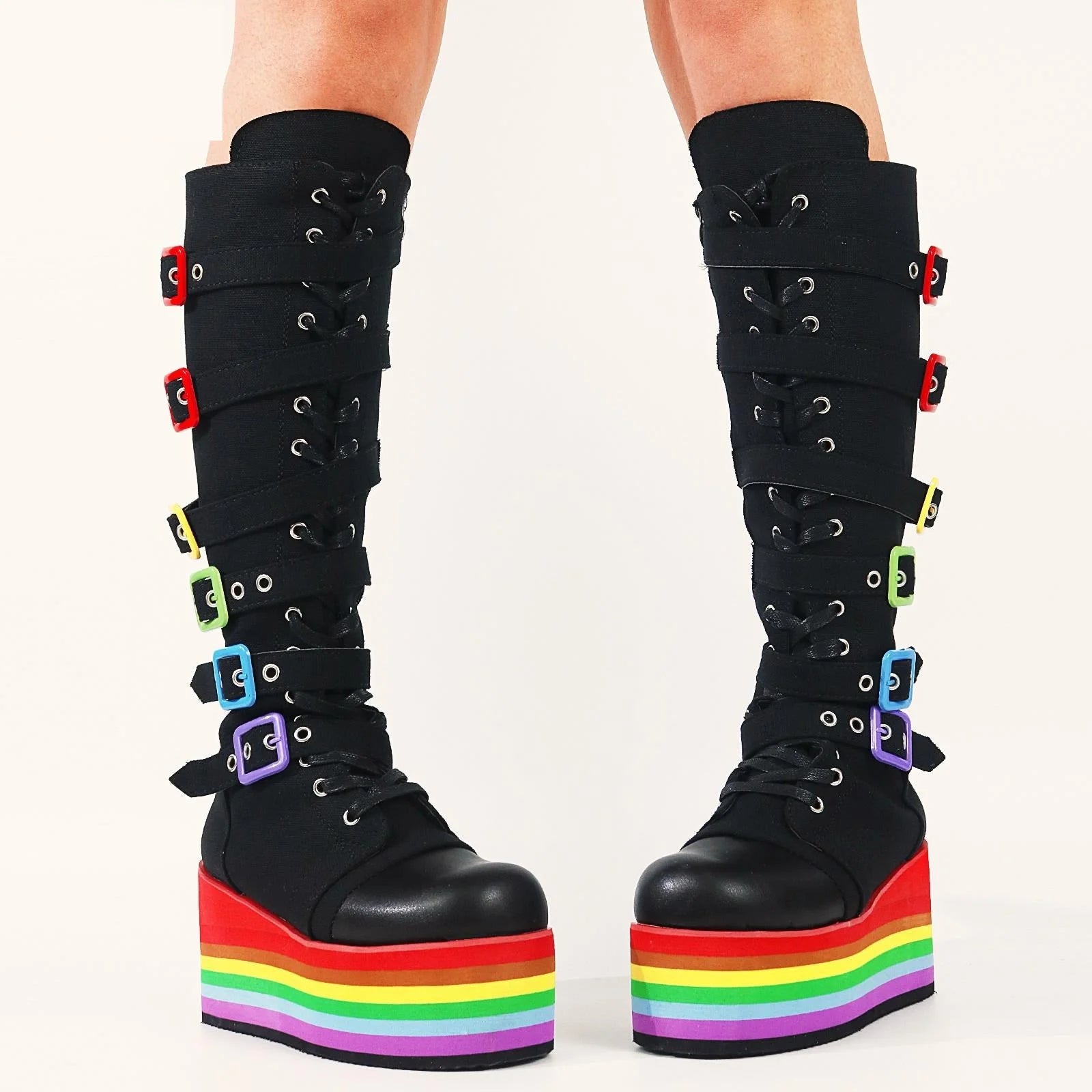 Women's Canvas Rainbow Color Buckle Lace Up Wedge Mid-Calf Boots