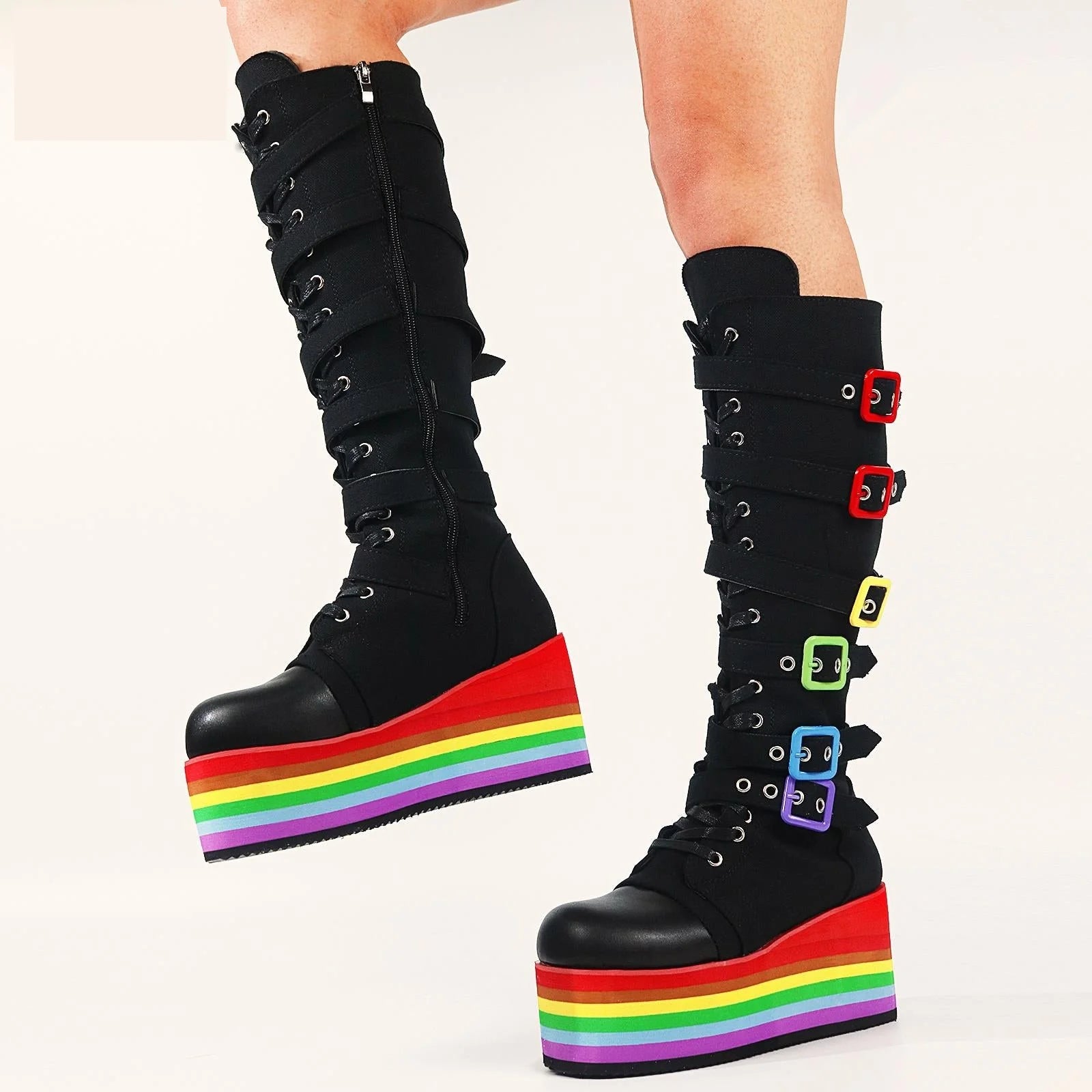 Women's Canvas Rainbow Color Buckle Lace Up Wedge Mid-Calf Boots