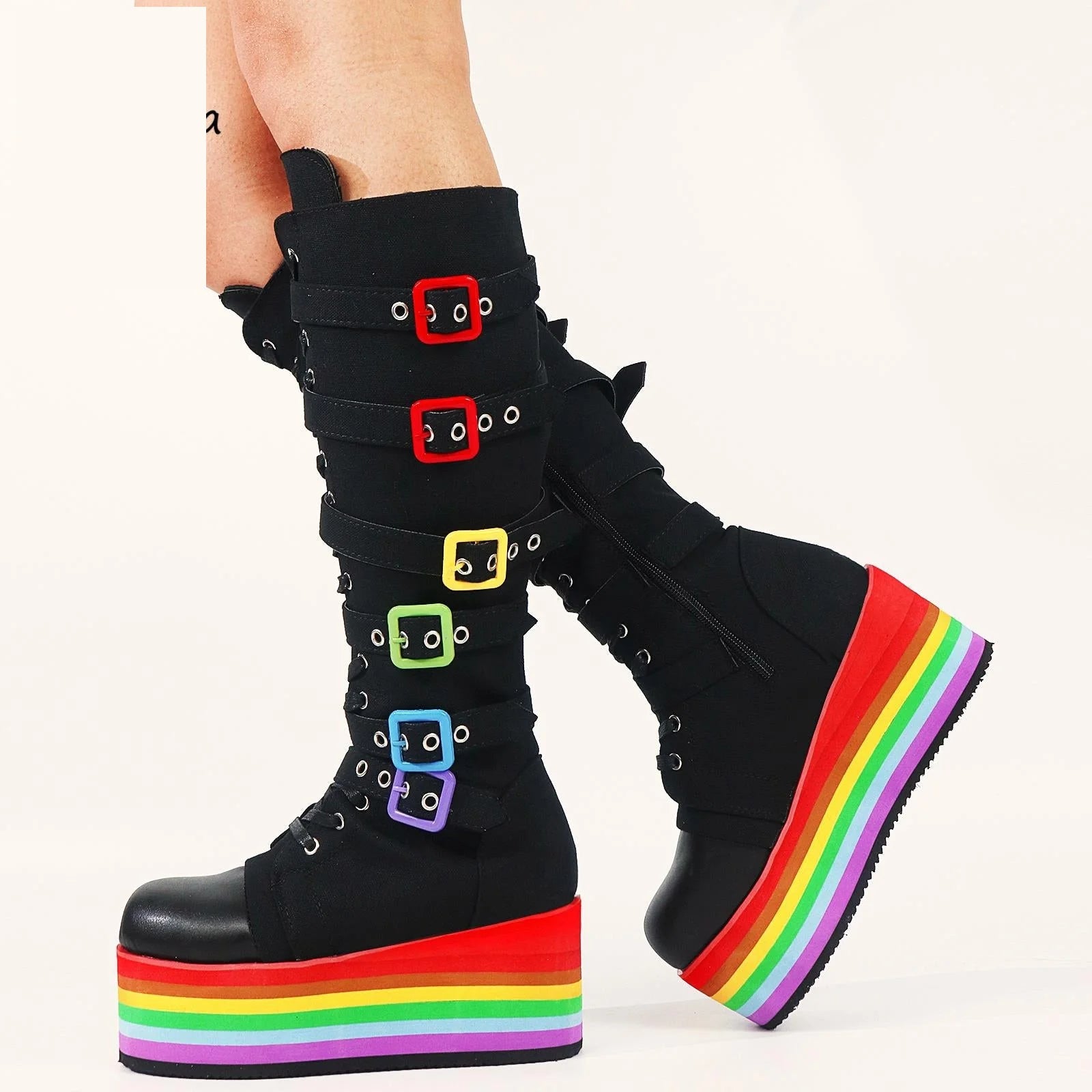 Women's Canvas Rainbow Color Buckle Lace Up Wedge Mid-Calf Boots