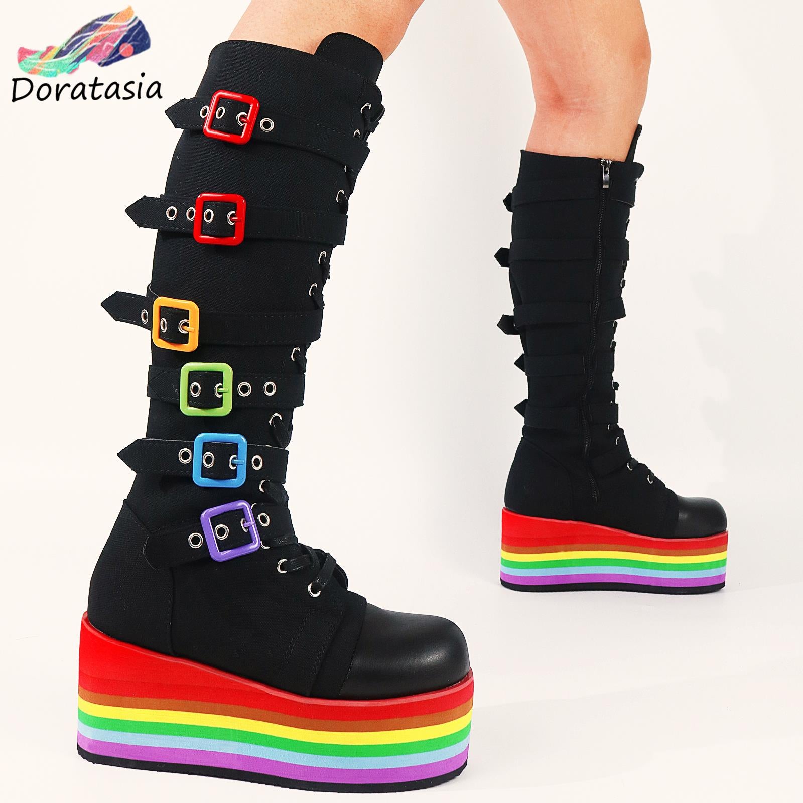 Women's Canvas Rainbow Color Buckle Lace Up Wedge Mid-Calf Boots