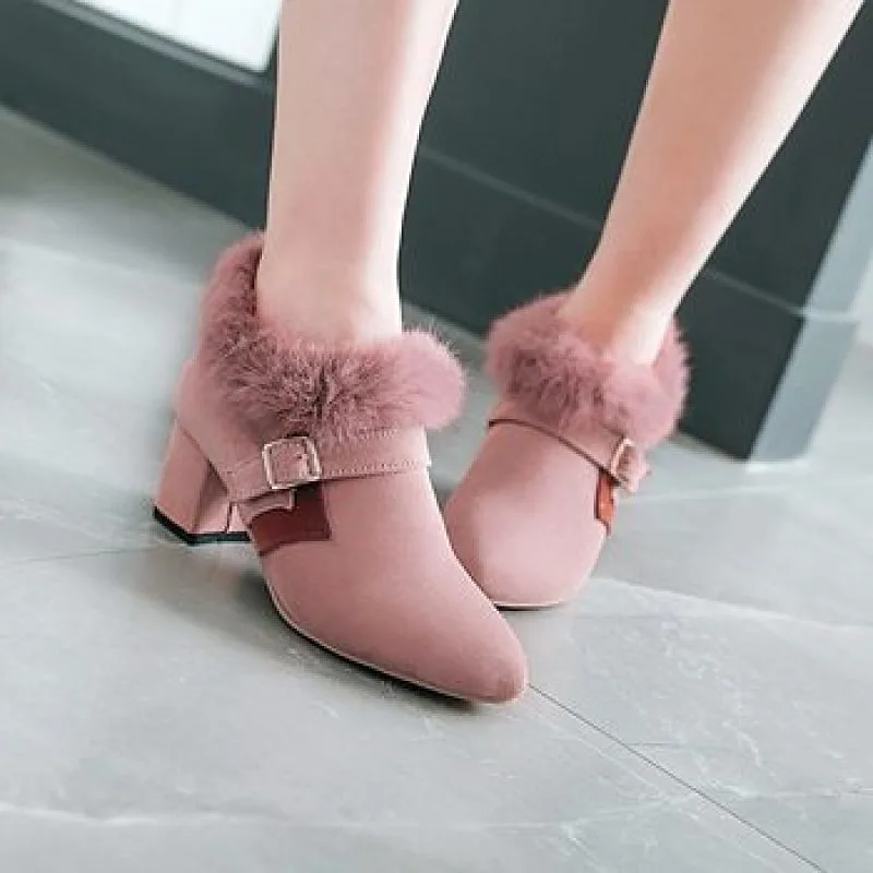 Women's Flock Pointed Toe Buckle Straps Floppy Block Chunky Heel Short Boots