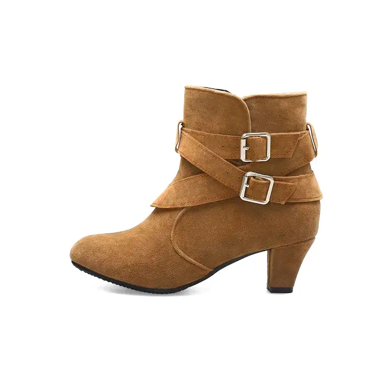 Women's Flock Pointed Toe Double Buckle Straps Puppy Heel Ankle Boots