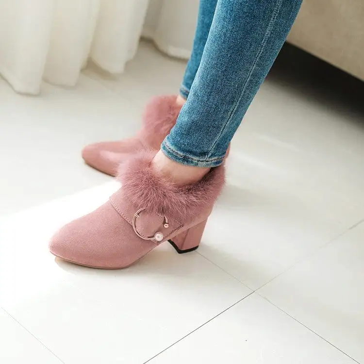 Women's Flock Pointed Toe Floppy Pearls Block Chunky Heel Short Boots