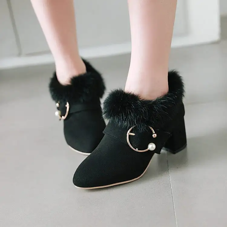 Women's Flock Pointed Toe Floppy Pearls Block Chunky Heel Short Boots