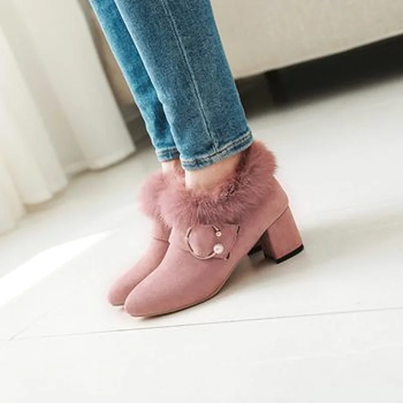 Women's Flock Pointed Toe Pearls Buckle Straps Floppy Block Chunky Heel Short Boots