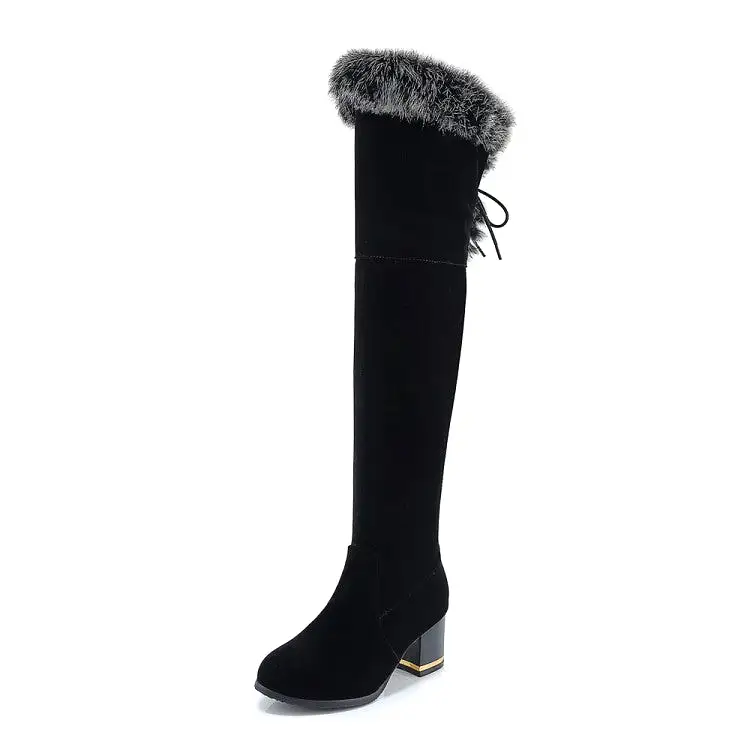 Women's Flock Round Toe Fur Back Tied Straps Block Chunky Heel Over-The-Knee Boots