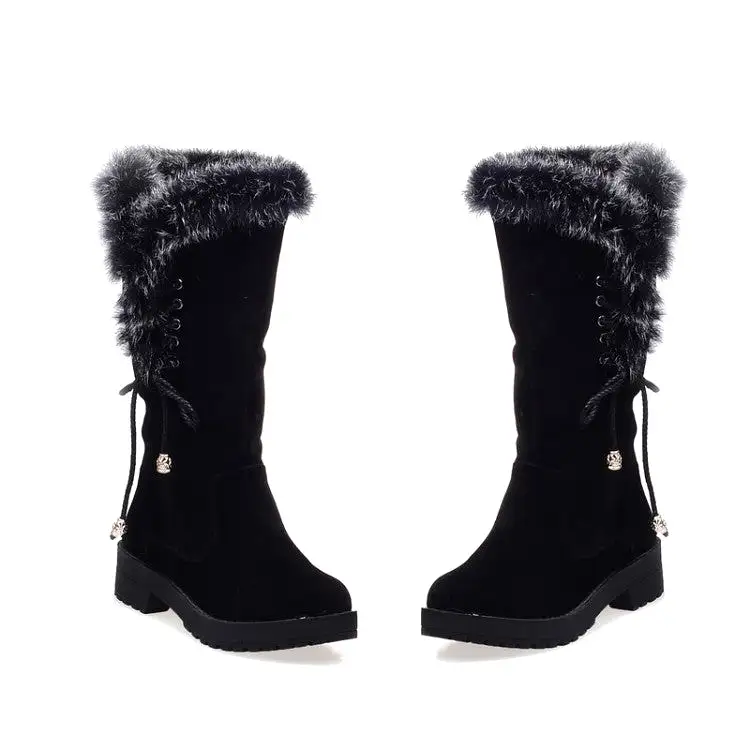 Women's Flock Round Toe Lace-Up Block Chunky Heel Mid-Calf Boots