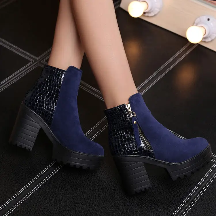 Women's Flock Round Toe Snake Printed Patchwork Side Zippers Block Chunky Heel Platform Short Boots