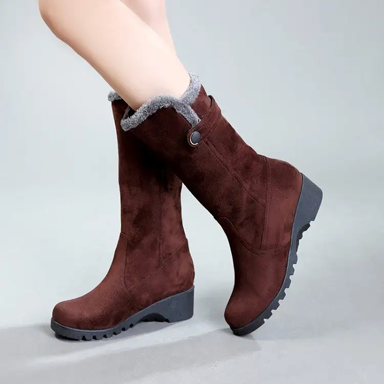 Women's Flock Round Toe Wedge Heel Mid-Calf Boots