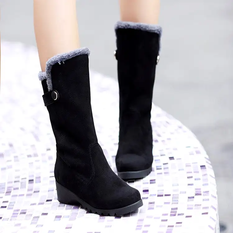 Women's Flock Round Toe Wedge Heel Mid-Calf Boots