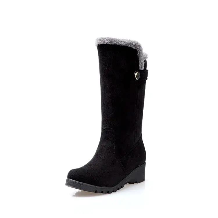 Women's Flock Round Toe Wedge Heel Mid-Calf Boots