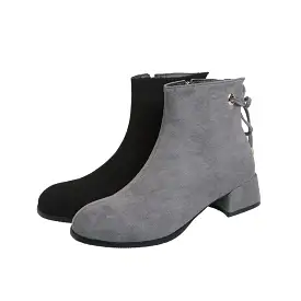 Women's Flock Side Zippers Lace-Up Block Chunky Heel Short Boots