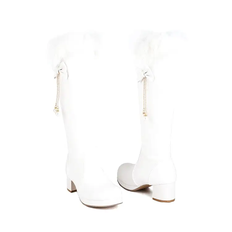 Women's Fur Pearls Block Heel Platform Knee-High Boots