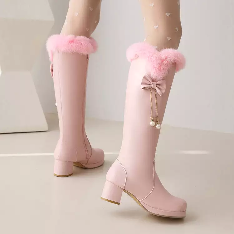 Women's Fur Pearls Block Heel Platform Knee-High Boots