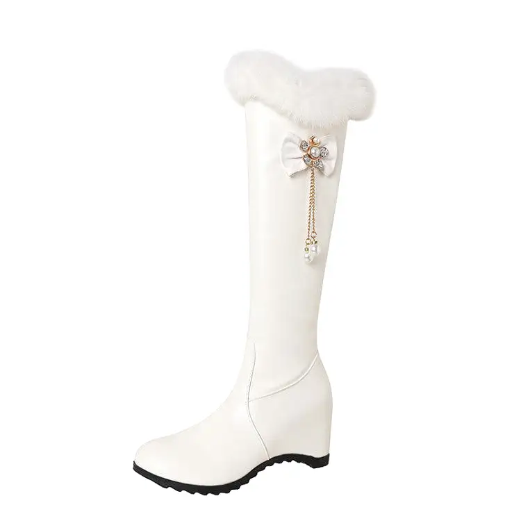 Women's Fur Pearls Bow Tie Inside Heighten Wedge Heel Knee-High Boots