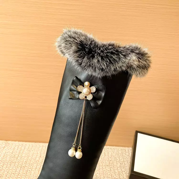 Women's Fur Pearls Bow Tie Inside Heighten Wedge Heel Knee-High Boots