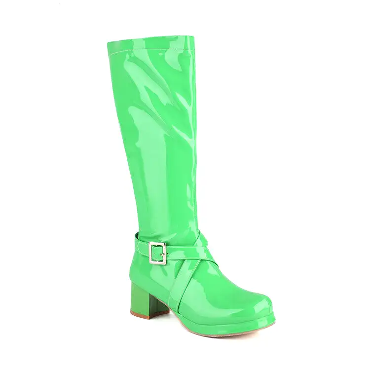 Women's Glossy Square Toe Buckle Straps Block Chunky Heel Platform Knee-High Boots