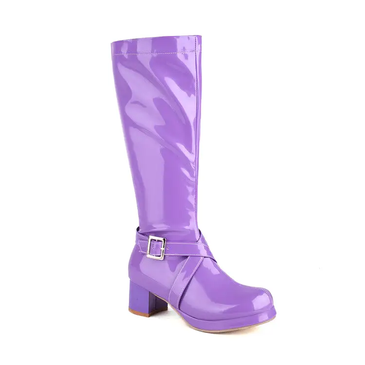 Women's Glossy Square Toe Buckle Straps Block Chunky Heel Platform Knee-High Boots