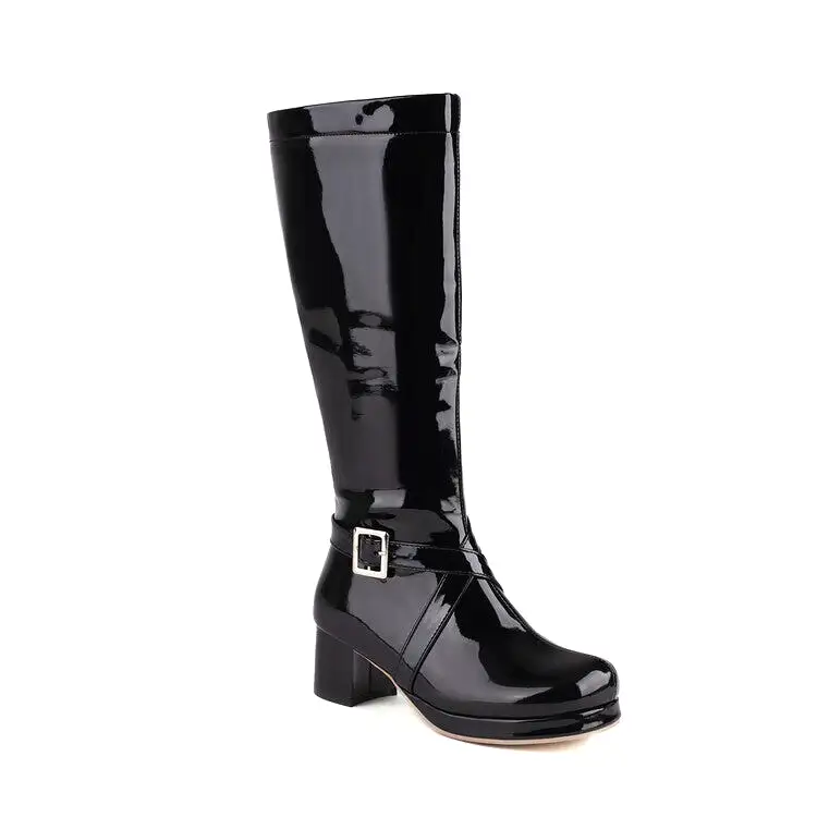 Women's Glossy Square Toe Buckle Straps Block Chunky Heel Platform Knee-High Boots