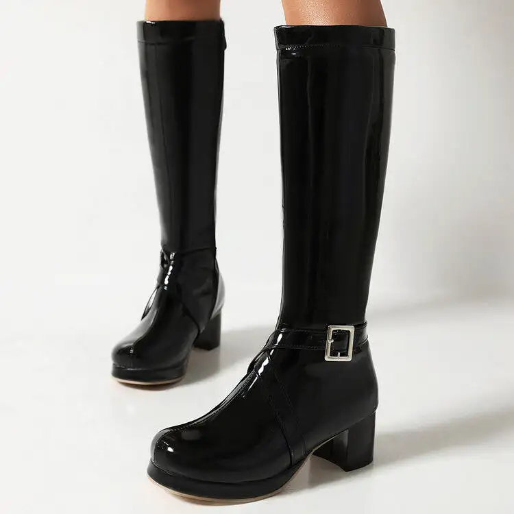 Women's Glossy Square Toe Buckle Straps Block Chunky Heel Platform Knee-High Boots