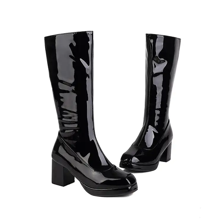 Women's Glossy Square Toe Side Zippers Block Chunky Heel Platform Mid Calf Boots