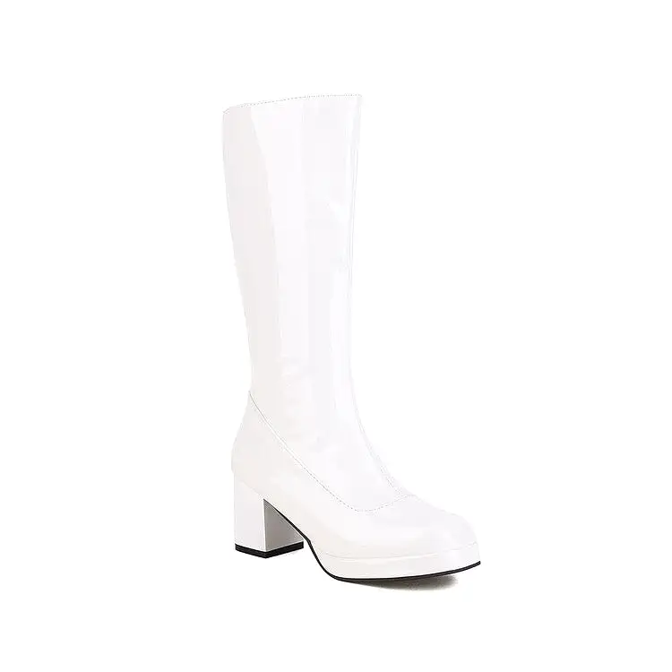 Women's Glossy Square Toe Side Zippers Block Chunky Heel Platform Mid Calf Boots