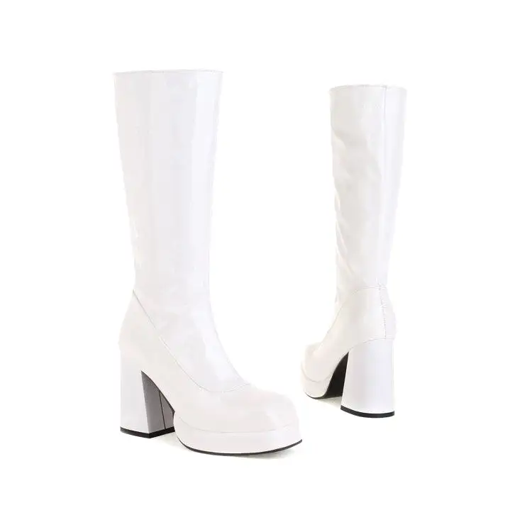 Women's Glossy Square Toe Side Zippers Block Chunky Heel Platform Mid-Calf Boots