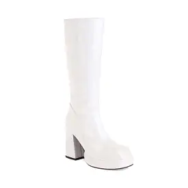 Women's Glossy Square Toe Side Zippers Block Chunky Heel Platform Mid-Calf Boots