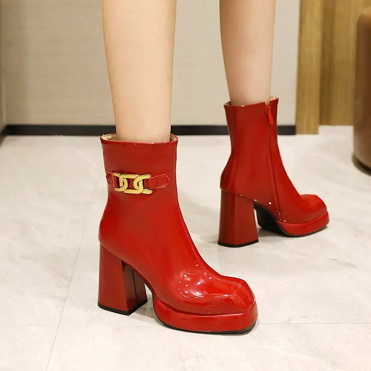 Women's Glossy Square Toe Side Zippers Block Chunky Heel Platform Short Boots