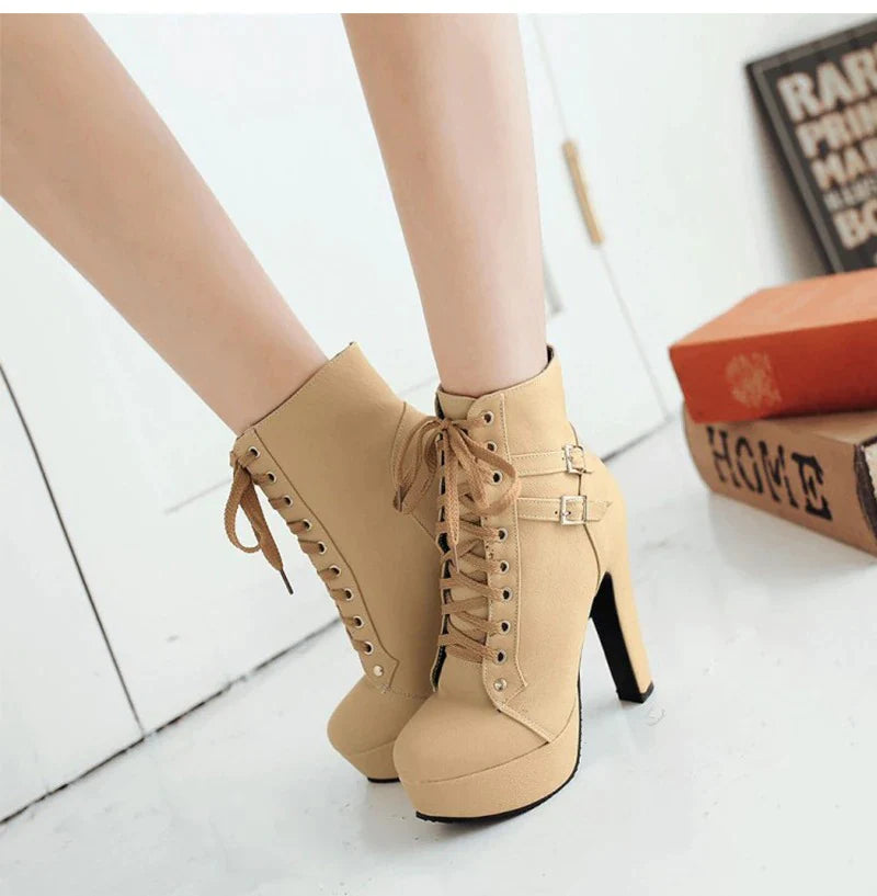 Women's High Thin Heels Lace Up Ankle Length Motorcycle Boots