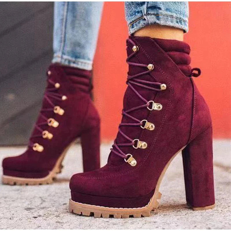 Women's High Thin Heels Lace Up Ankle Length Motorcycle Boots