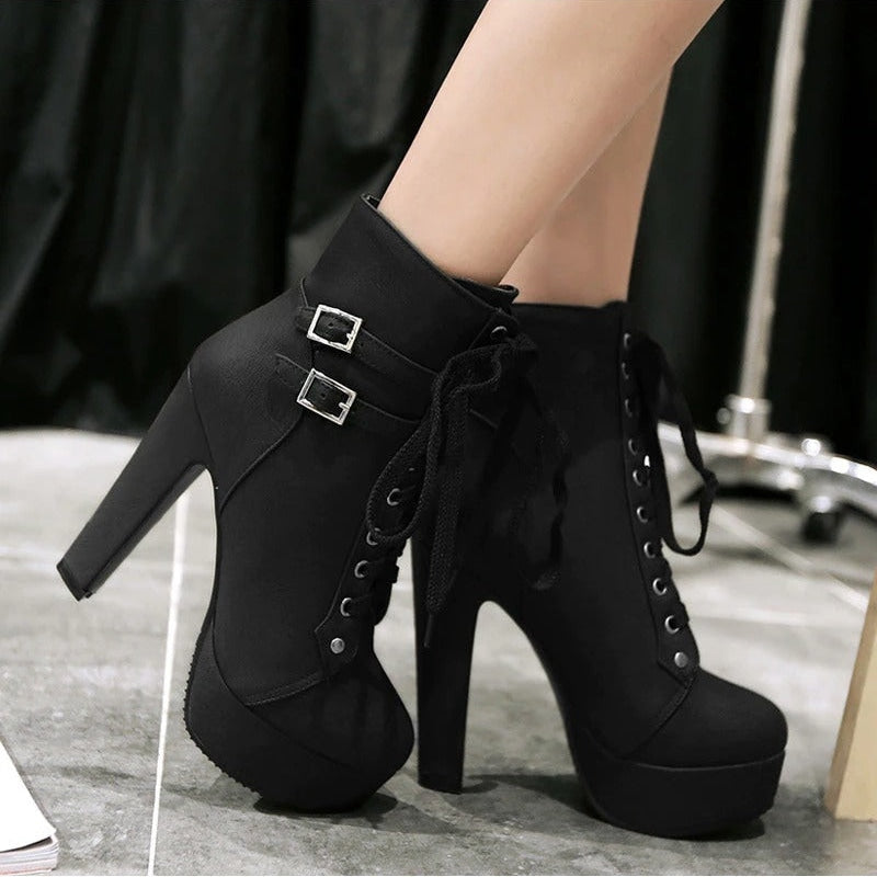 Women's High Thin Heels Lace Up Ankle Length Motorcycle Boots