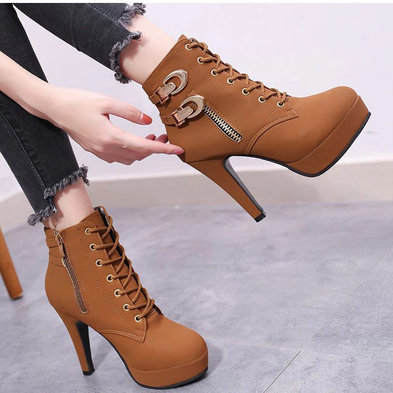 Women's High Thin Heels Lace Up Ankle Length Motorcycle Boots