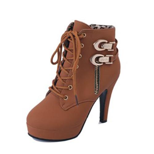 Women's High Thin Heels Lace Up Ankle Length Motorcycle Boots