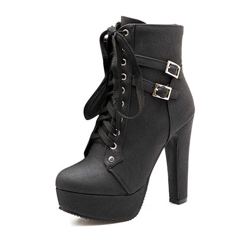 Women's High Thin Heels Lace Up Ankle Length Motorcycle Boots