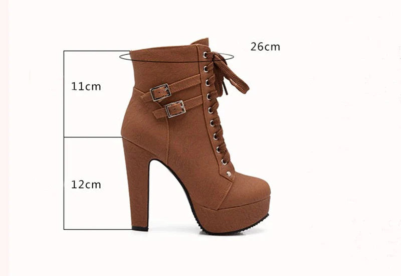 Women's High Thin Heels Lace Up Ankle Length Motorcycle Boots